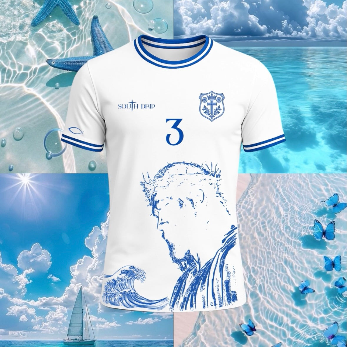 Football Jersey Jesus Christ white & blue (édition limitée) SOUTH DRIP